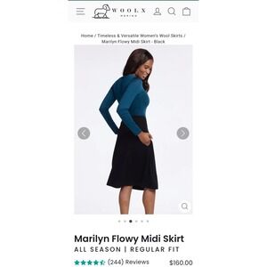 Woolx Marilyn Flowy Midi Skirt Black Merino Wool Blend All Season Pockets Small